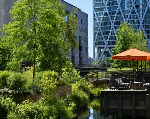 Landscaped canal garden with lush planting and an empty restaurant terrace beneath orange umbrellas, surrounded by modern Canary Wharf towers