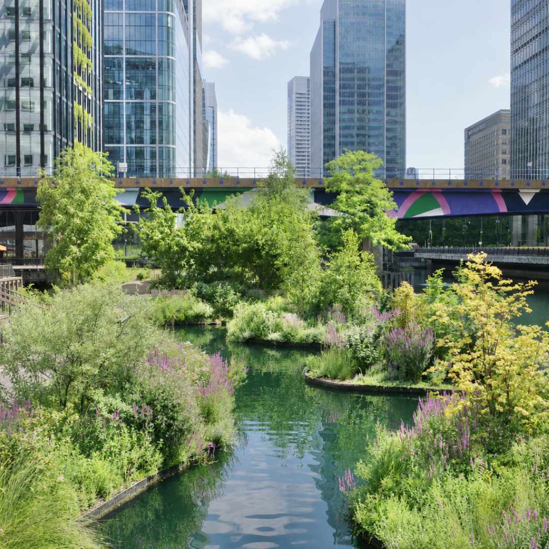 Lush landscaped water garden with purple flowers and winding pools, surrounded by modern office towers beneath a colourful bridge in Canary Wharf.