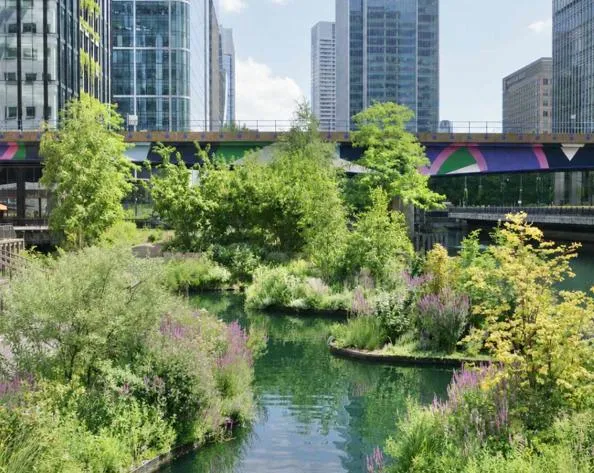 Lush landscaped water garden with purple flowers and winding pools, surrounded by modern office towers beneath a colourful bridge in Canary Wharf.
